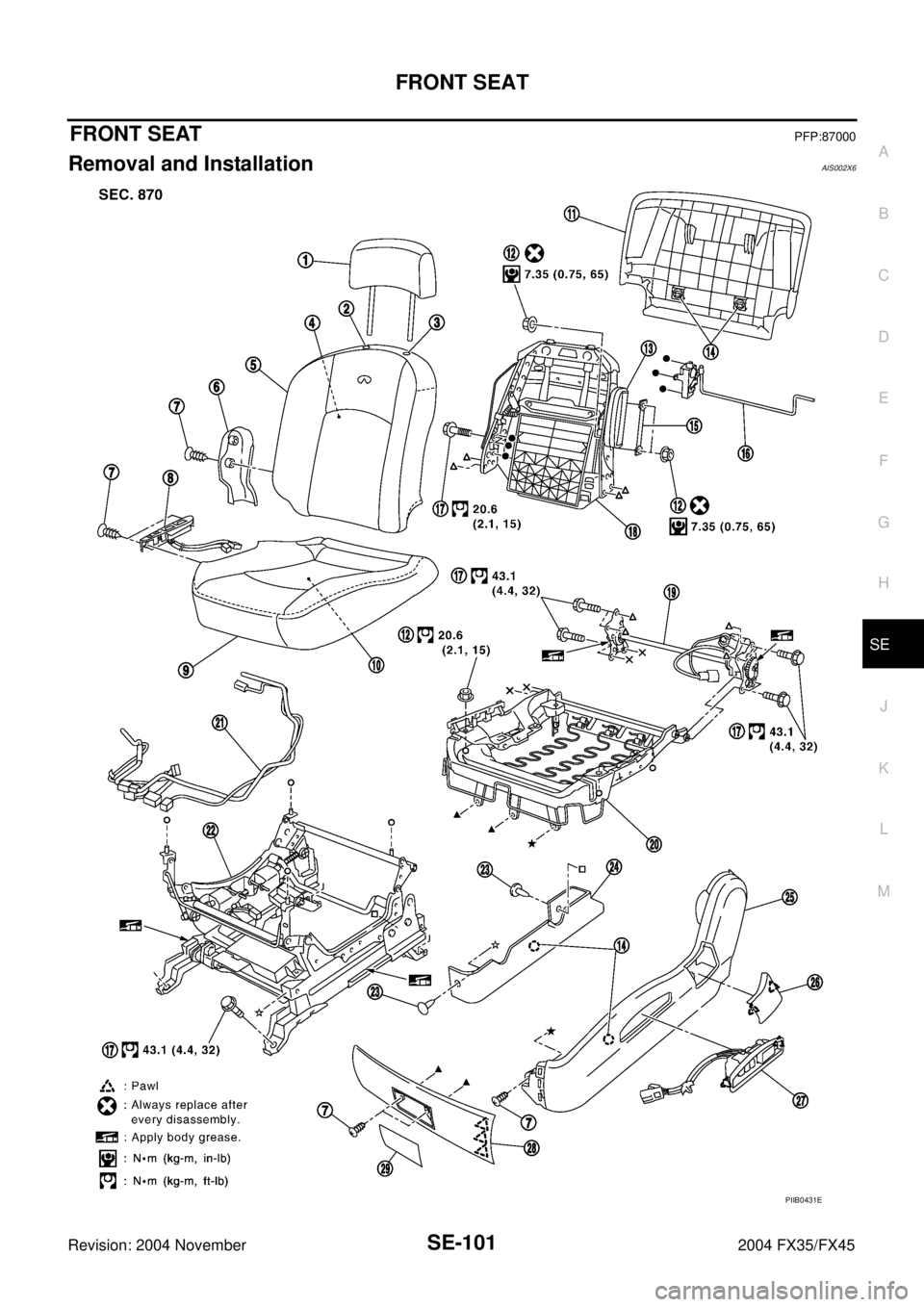 INFINITI FX35 2004  Service Manual FRONT SEAT
SE-101
C
D
E
F
G
H
J
K
L
MA
B
SE
Revision: 2004 November 2004 FX35/FX45
FRONT SEATPFP:87000
Removal and InstallationAIS002X6
PIIB0431E 