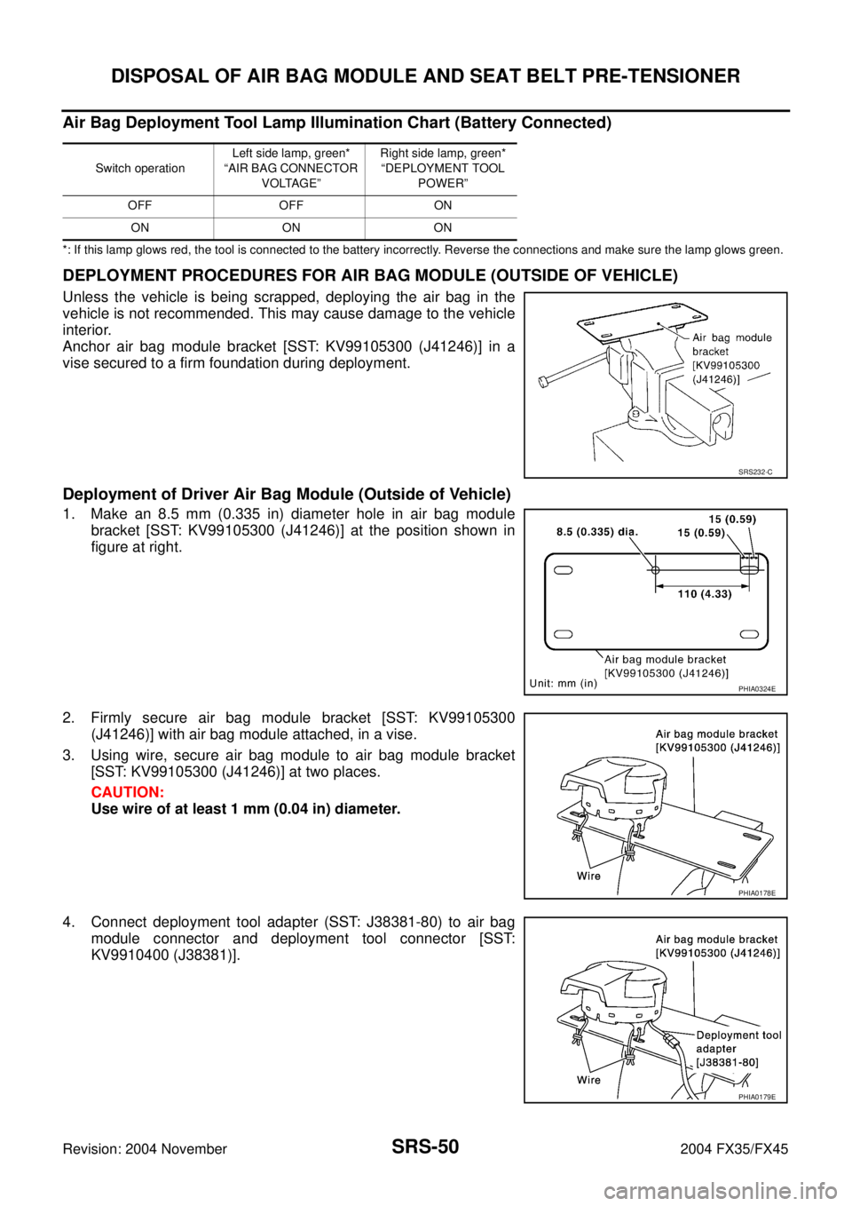 INFINITI FX35 2004 Service Manual SRS-50
DISPOSAL OF AIR BAG MODULE AND SEAT BELT PRE-TENSIONER
Revision: 2004 November 2004 FX35/FX45
Air Bag Deployment Tool Lamp Illumination Chart (Battery Connected)
*: If this lamp glows red, the INFINITI FX35 2004 Service Manual SRS-50
DISPOSAL OF AIR BAG MODULE AND SEAT BELT PRE-TENSIONER
Revision: 2004 November 2004 FX35/FX45
Air Bag Deployment Tool Lamp Illumination Chart (Battery Connected)
*: If this lamp glows red, the