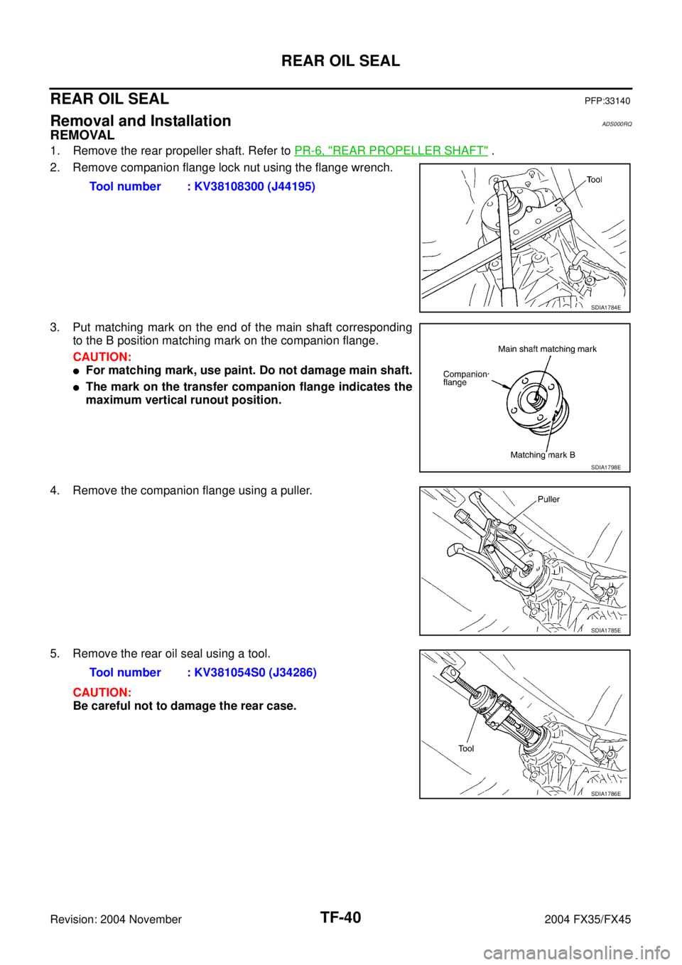 INFINITI FX35 2004  Service Manual TF-40
REAR OIL SEAL
Revision: 2004 November 2004 FX35/FX45
REAR OIL SEALPFP:33140
Removal and InstallationADS000RQ
REMOVAL
1. Remove the rear propeller shaft. Refer to PR-6, "REAR PROPELLER SHAFT" .
2