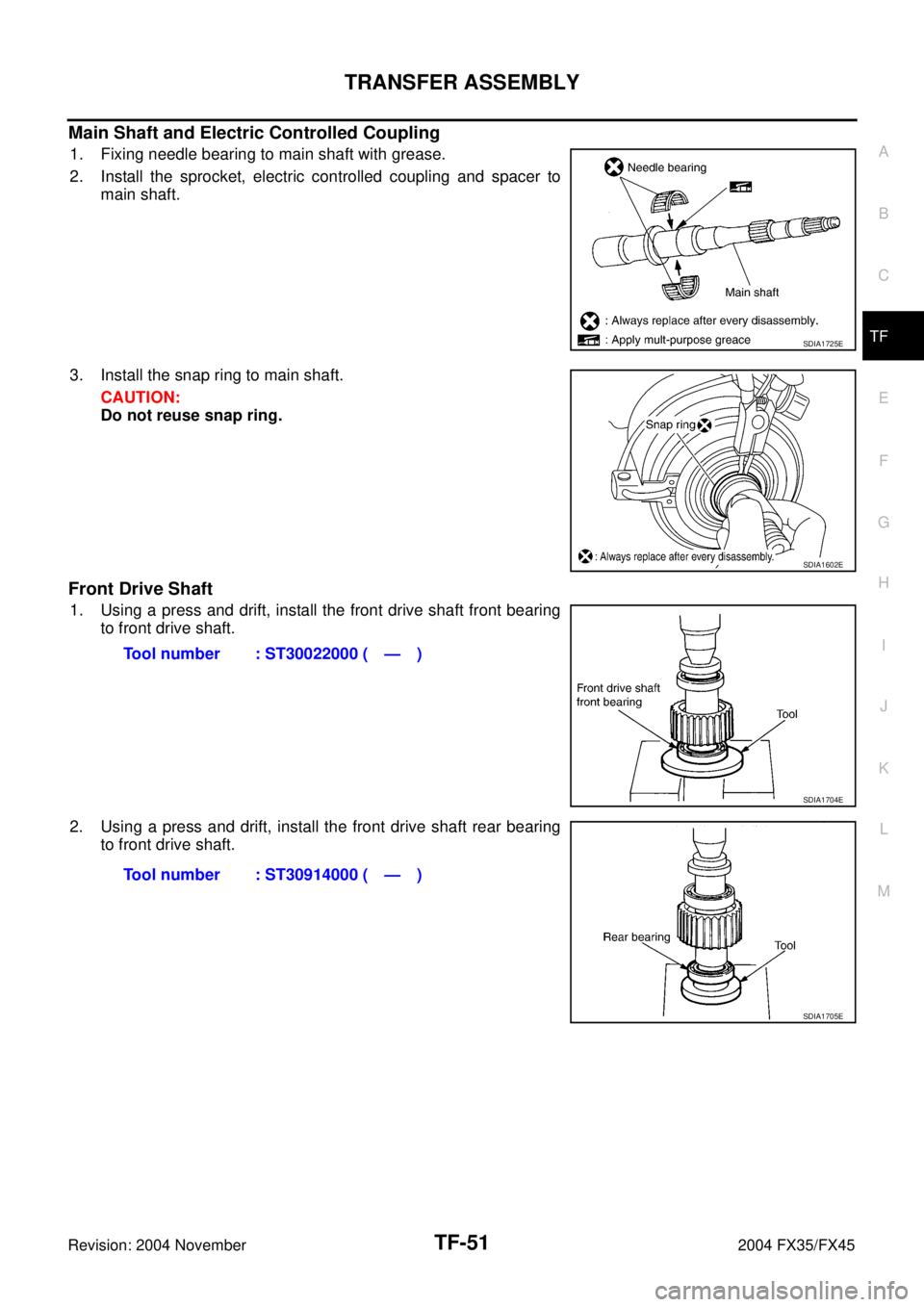 INFINITI FX35 2004 Service Manual TRANSFER ASSEMBLY
TF-51
C
E
F
G
H
I
J
K
L
MA
B
TF
Revision: 2004 November 2004 FX35/FX45
Main Shaft and Electric Controlled Coupling
1. Fixing needle bearing to main shaft with grease.
2. Install the INFINITI FX35 2004 Service Manual TRANSFER ASSEMBLY
TF-51
C
E
F
G
H
I
J
K
L
MA
B
TF
Revision: 2004 November 2004 FX35/FX45
Main Shaft and Electric Controlled Coupling
1. Fixing needle bearing to main shaft with grease.
2. Install the