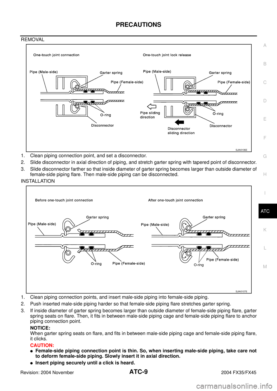 INFINITI FX35 2004  Service Manual PRECAUTIONS
ATC-9
C
D
E
F
G
H
I
K
L
MA
B
AT C
Revision: 2004 November 2004 FX35/FX45
REMOVAL
1. Clean piping connection point, and set a disconnector.
2. Slide disconnector in axial direction of pipin