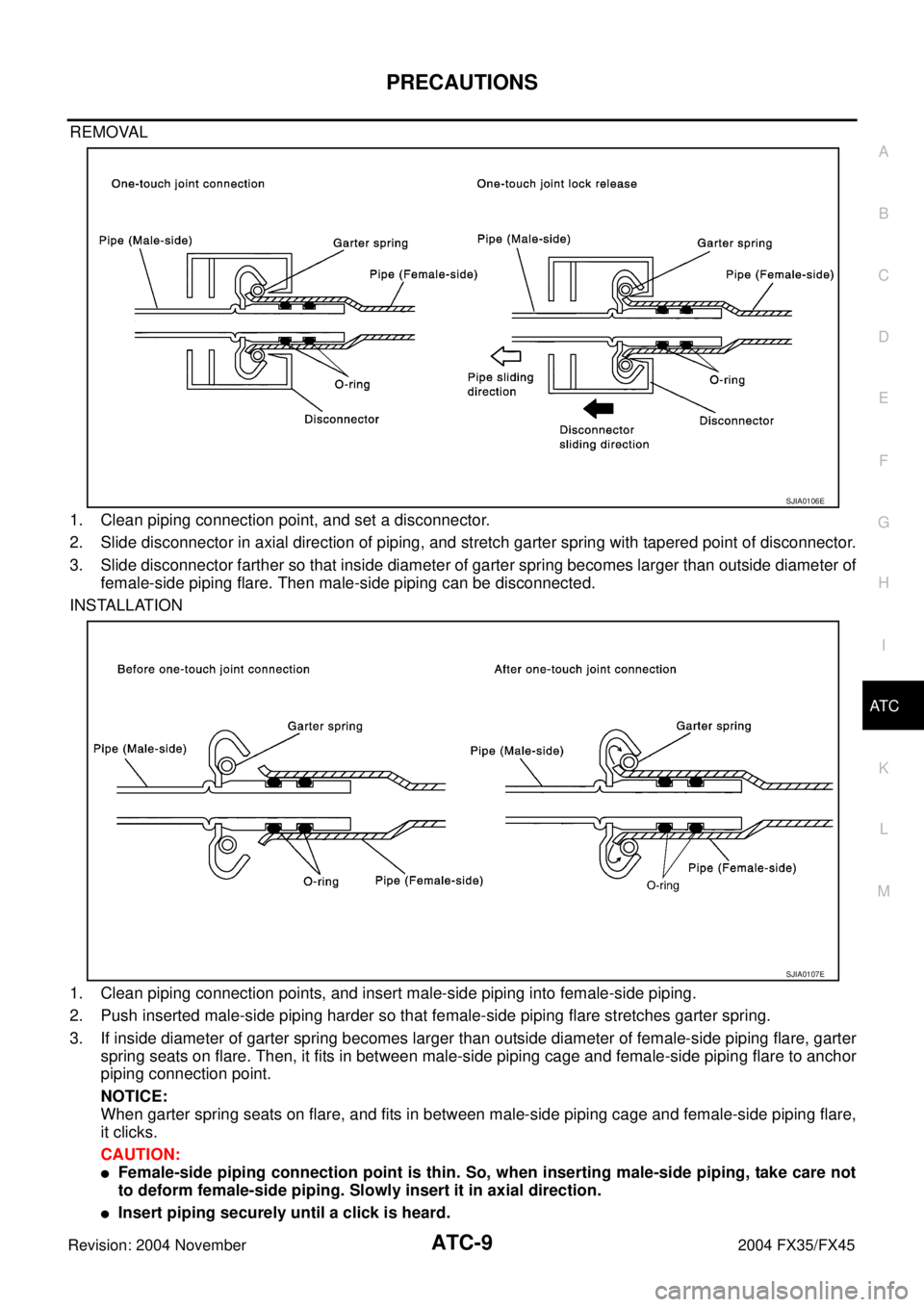 INFINITI FX35 2004 Manual PDF PRECAUTIONS
ATC-9
C
D
E
F
G
H
I
K
L
MA
B
AT C
Revision: 2004 November 2004 FX35/FX45
REMOVAL
1. Clean piping connection point, and set a disconnector.
2. Slide disconnector in axial direction of pipin