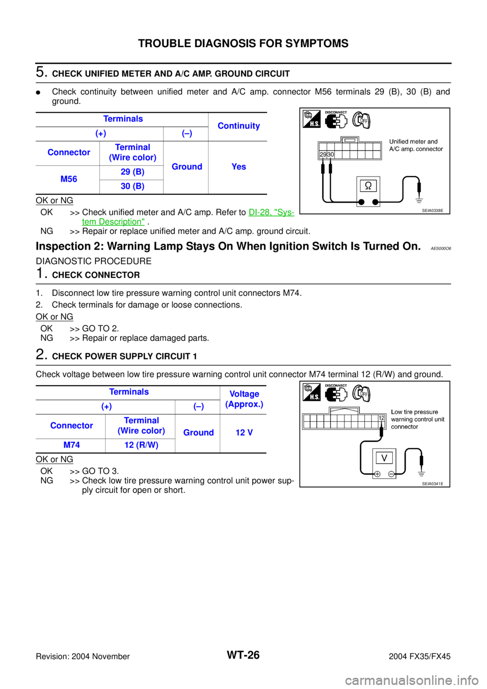 INFINITI FX35 2004  Service Manual WT-26
TROUBLE DIAGNOSIS FOR SYMPTOMS
Revision: 2004 November 2004 FX35/FX45
5. CHECK UNIFIED METER AND A/C AMP. GROUND CIRCUIT
Check continuity between unified meter and A/C amp. connector M56 termin