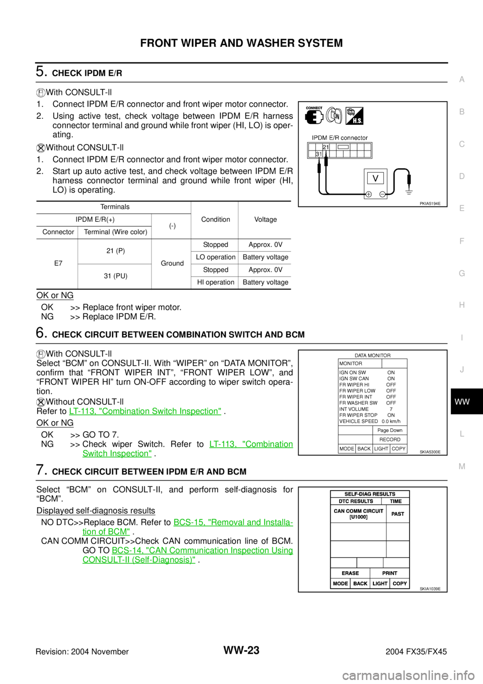 INFINITI FX35 2004 Service Manual FRONT WIPER AND WASHER SYSTEM
WW-23
C
D
E
F
G
H
I
J
L
MA
B
WW
Revision: 2004 November 2004 FX35/FX45
5. CHECK IPDM E/R
With CONSULT-ll
1. Connect IPDM E/R connector and front wiper motor connector.
2. INFINITI FX35 2004 Service Manual FRONT WIPER AND WASHER SYSTEM
WW-23
C
D
E
F
G
H
I
J
L
MA
B
WW
Revision: 2004 November 2004 FX35/FX45
5. CHECK IPDM E/R
With CONSULT-ll
1. Connect IPDM E/R connector and front wiper motor connector.
2.