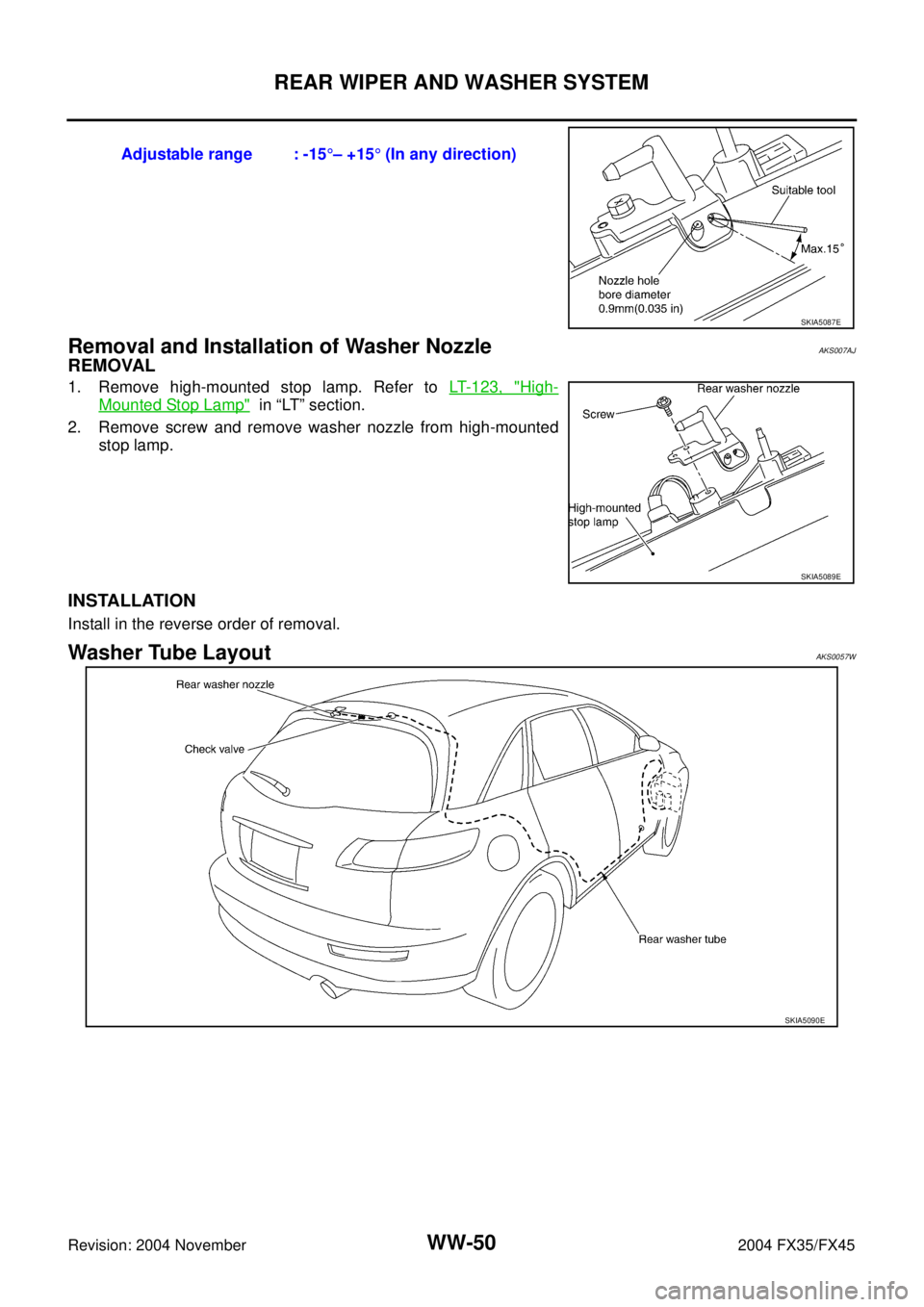 INFINITI FX35 2004  Service Manual WW-50
REAR WIPER AND WASHER SYSTEM
Revision: 2004 November 2004 FX35/FX45
Removal and Installation of Washer NozzleAKS007AJ
REMOVAL
1. Remove high-mounted stop lamp. Refer to LT- 1 2 3 ,  "High-
Mount