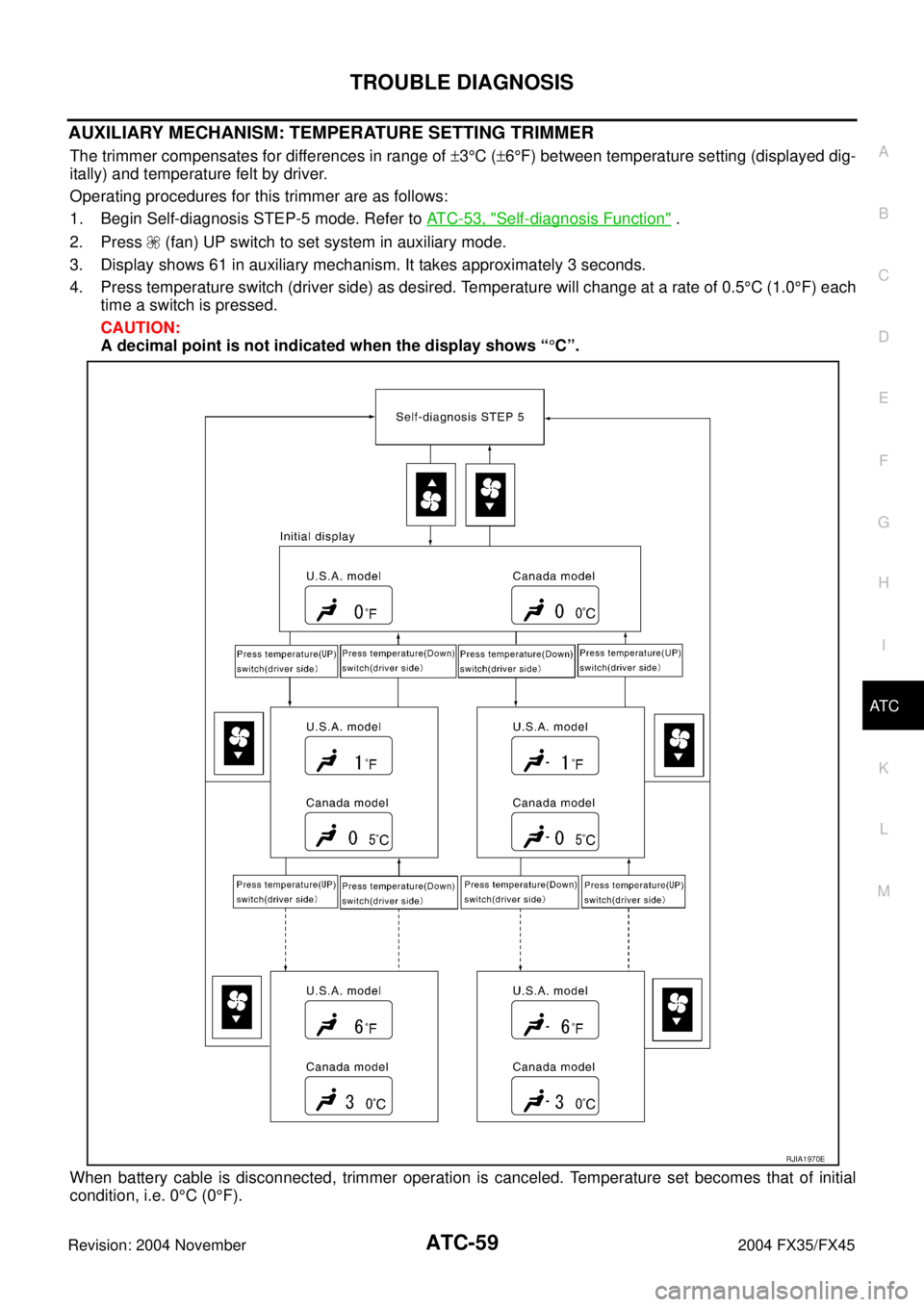 INFINITI FX35 2004  Service Manual TROUBLE DIAGNOSIS
ATC-59
C
D
E
F
G
H
I
K
L
MA
B
AT C
Revision: 2004 November 2004 FX35/FX45
AUXILIARY MECHANISM: TEMPERATURE SETTING TRIMMER
The trimmer compensates for differences in range of ±3°C 