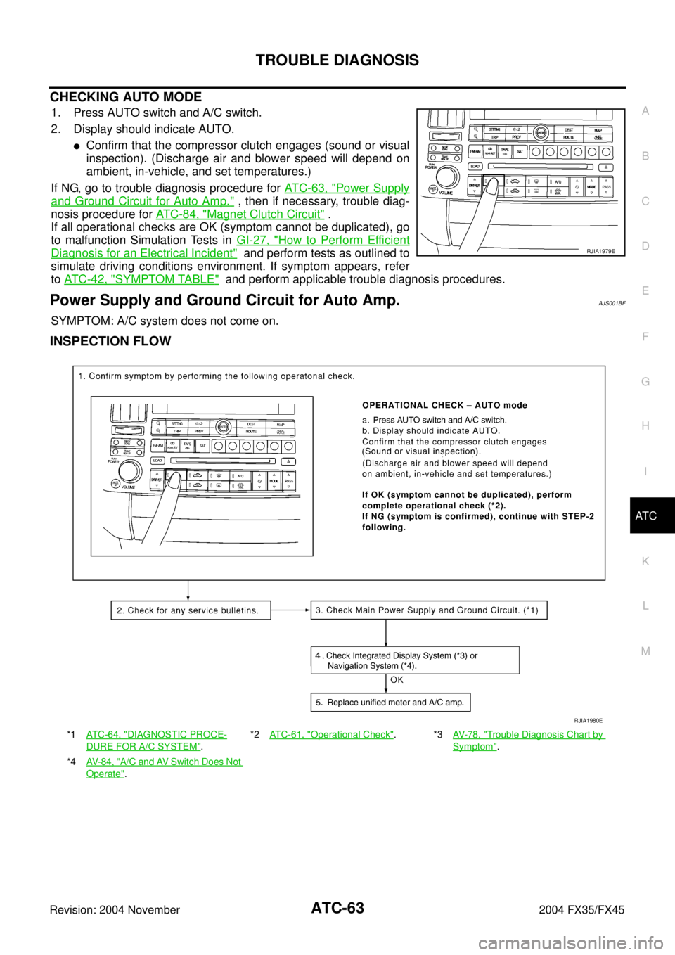 INFINITI FX35 2004  Service Manual TROUBLE DIAGNOSIS
ATC-63
C
D
E
F
G
H
I
K
L
MA
B
AT C
Revision: 2004 November 2004 FX35/FX45
CHECKING AUTO MODE
1. Press AUTO switch and A/C switch.
2. Display should indicate AUTO.
Confirm that the c
