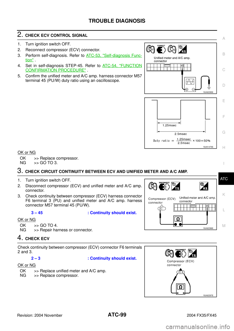 INFINITI FX35 2004  Service Manual TROUBLE DIAGNOSIS
ATC-99
C
D
E
F
G
H
I
K
L
MA
B
AT C
Revision: 2004 November 2004 FX35/FX45
2. CHECK ECV CONTROL SIGNAL
1. Turn ignition switch OFF.
2. Reconnect compressor (ECV) connector.
3. Perform