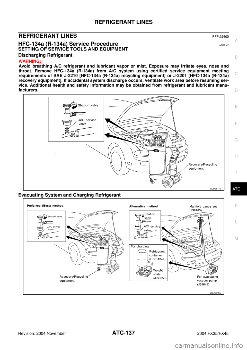 INFINITI FX35 2004 Workshop Manual REFRIGERANT LINES
ATC-137
C
D
E
F
G
H
I
K
L
MA
B
AT C
Revision: 2004 November 2004 FX35/FX45
REFRIGERANT LINESPFP:92600
HFC-134a (R-134a) Service ProcedureAJS0015P
SETTING OF SERVICE TOOLS AND EQUIPME