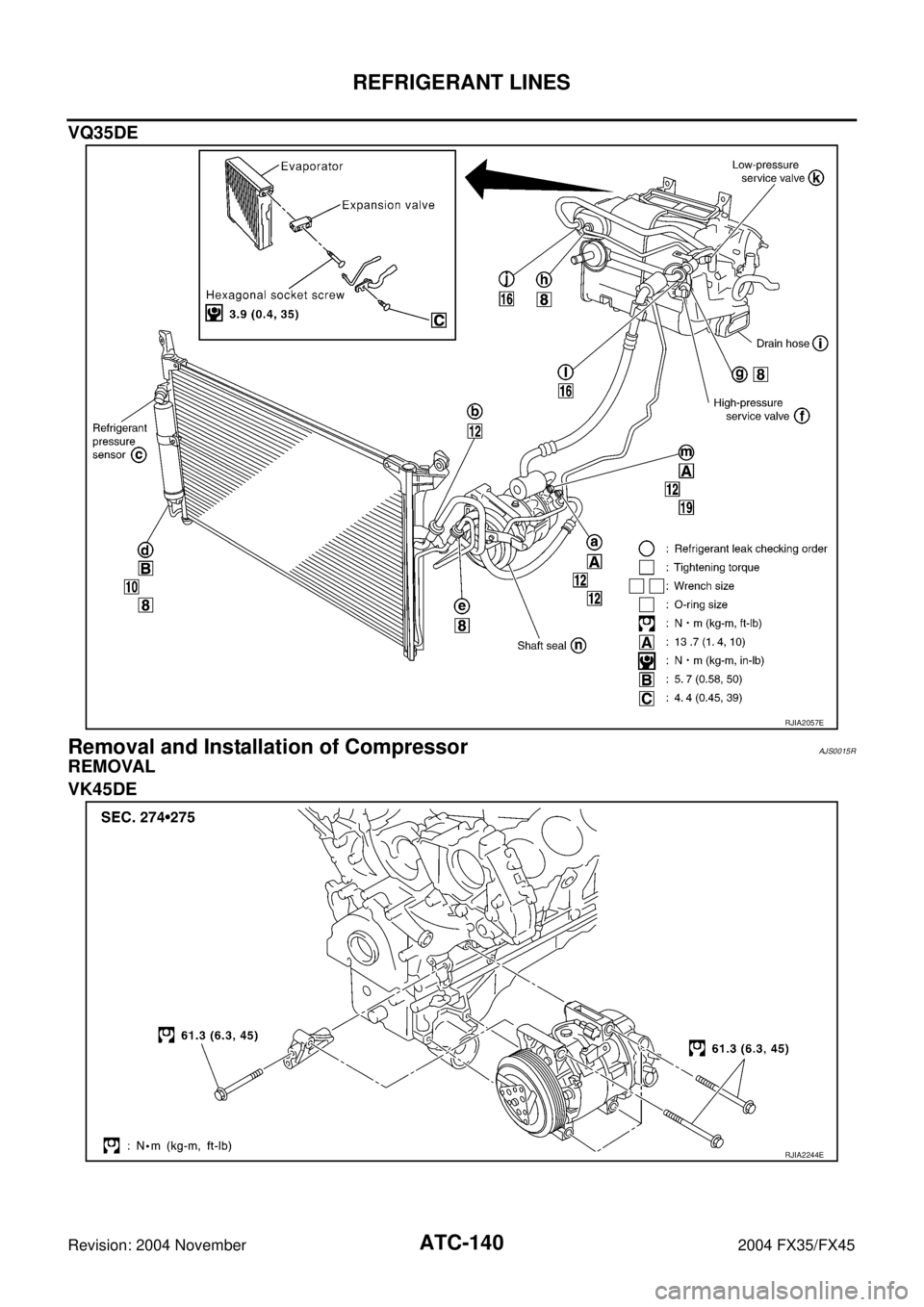 INFINITI FX35 2004  Service Manual ATC-140
REFRIGERANT LINES
Revision: 2004 November 2004 FX35/FX45
VQ35DE
Removal and Installation of CompressorAJS0015R
REMOVAL
VK45DE
RJIA2057E
RJIA2244E 