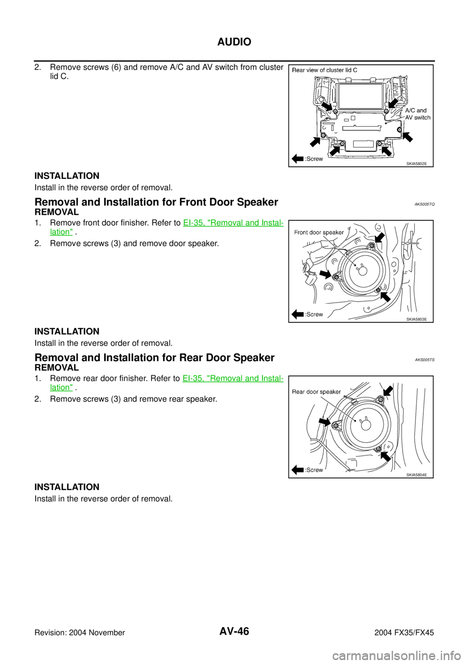INFINITI FX35 2004  Service Manual AV-46
AUDIO
Revision: 2004 November 2004 FX35/FX45
2. Remove screws (6) and remove A/C and AV switch from cluster
lid C.
INSTALLATION
Install in the reverse order of removal.
Removal and Installation 