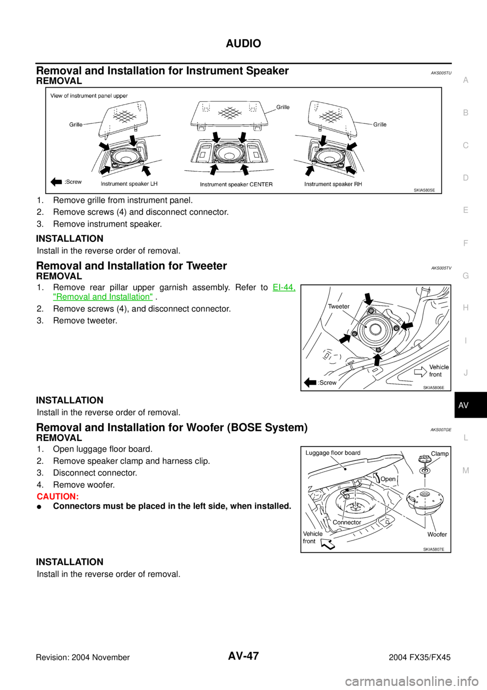 INFINITI FX35 2004 User Guide AUDIO
AV-47
C
D
E
F
G
H
I
J
L
MA
B
AV
Revision: 2004 November 2004 FX35/FX45
Removal and Installation for Instrument SpeakerAKS005TU
REMOVAL
1. Remove grille from instrument panel.
2. Remove screws (4 INFINITI FX35 2004 User Guide AUDIO
AV-47
C
D
E
F
G
H
I
J
L
MA
B
AV
Revision: 2004 November 2004 FX35/FX45
Removal and Installation for Instrument SpeakerAKS005TU
REMOVAL
1. Remove grille from instrument panel.
2. Remove screws (4