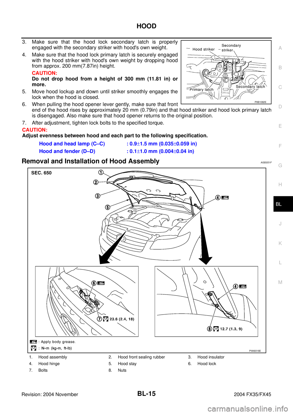 INFINITI FX35 2004  Service Manual HOOD
BL-15
C
D
E
F
G
H
J
K
L
MA
B
BL
Revision: 2004 November 2004 FX35/FX45
3. Make sure that the hood lock secondary latch is properly
engaged with the secondary striker with hoods own weight.
4. Ma