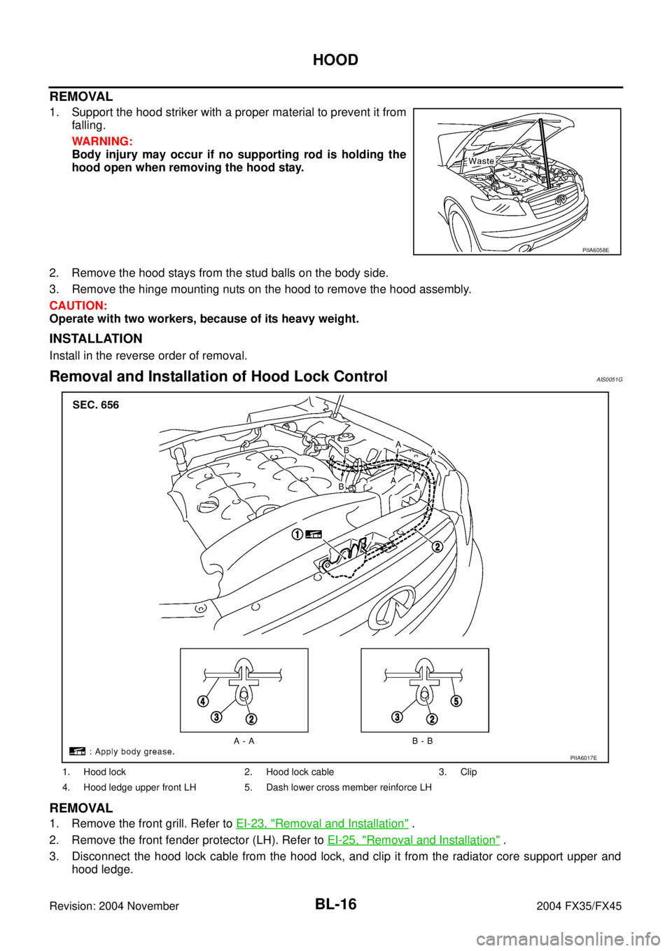 INFINITI FX35 2004  Service Manual BL-16
HOOD
Revision: 2004 November 2004 FX35/FX45
REMOVAL
1. Support the hood striker with a proper material to prevent it from
falling.
WARNING:
Body injury may occur if no supporting rod is holding 