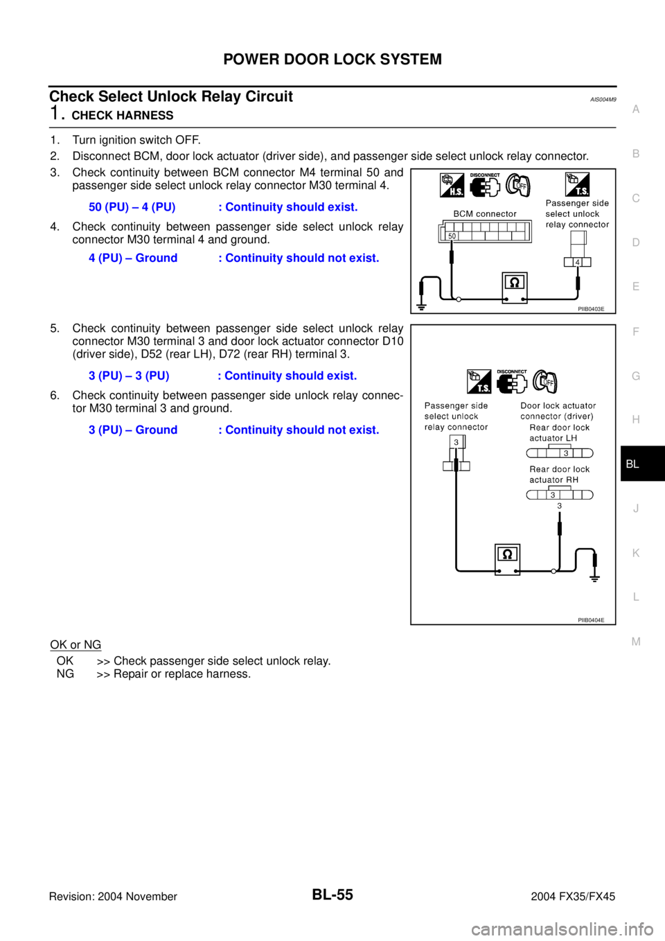 INFINITI FX35 2004 Owners Manual POWER DOOR LOCK SYSTEM
BL-55
C
D
E
F
G
H
J
K
L
MA
B
BL
Revision: 2004 November 2004 FX35/FX45
Check Select Unlock Relay Circuit AIS004M9
1. CHECK HARNESS
1. Turn ignition switch OFF.
2. Disconnect BCM INFINITI FX35 2004 Owners Manual POWER DOOR LOCK SYSTEM
BL-55
C
D
E
F
G
H
J
K
L
MA
B
BL
Revision: 2004 November 2004 FX35/FX45
Check Select Unlock Relay Circuit AIS004M9
1. CHECK HARNESS
1. Turn ignition switch OFF.
2. Disconnect BCM