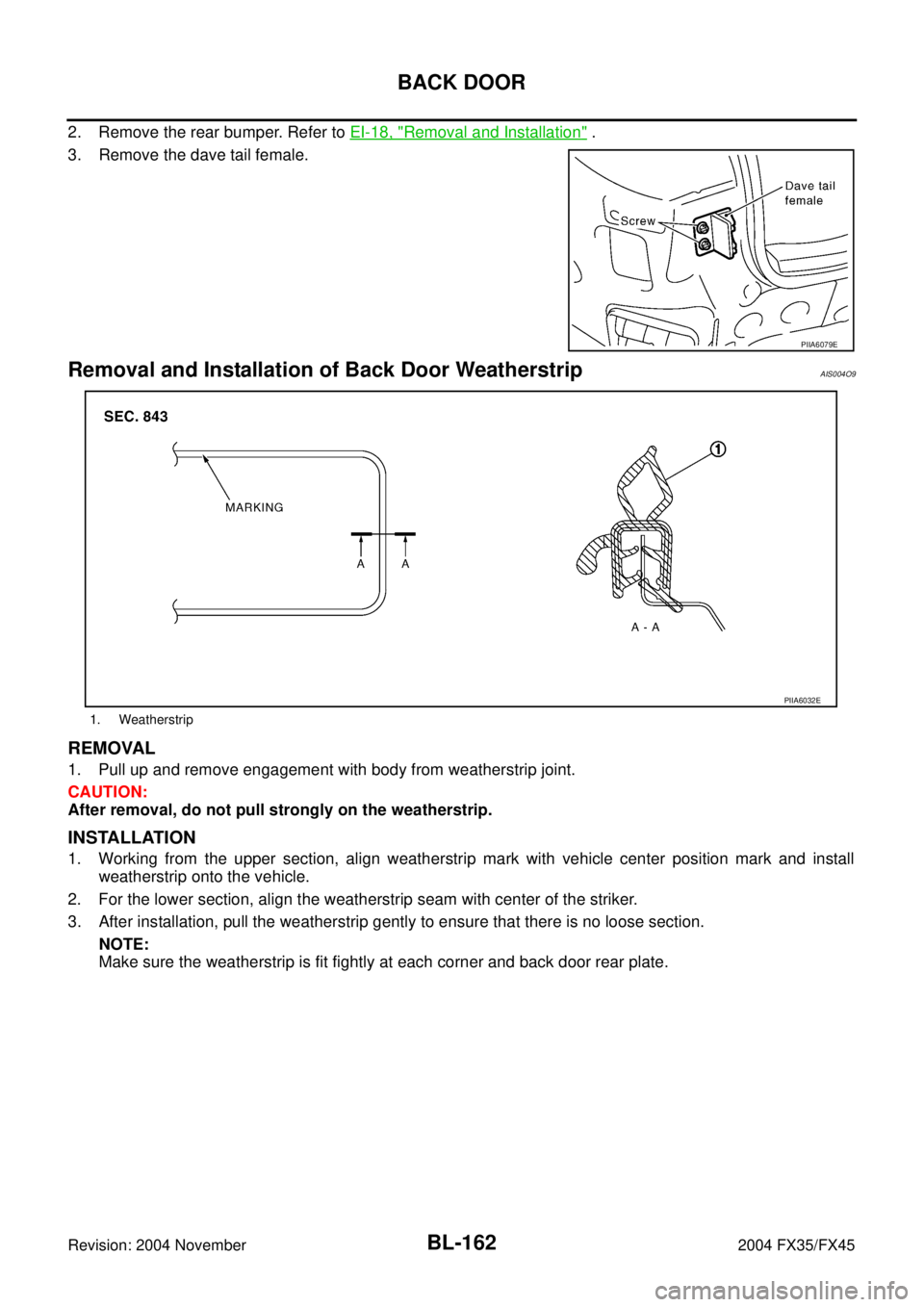 INFINITI FX35 2004  Service Manual BL-162
BACK DOOR
Revision: 2004 November 2004 FX35/FX45
2. Remove the rear bumper. Refer to EI-18, "Removal and Installation" .
3. Remove the dave tail female.
Removal and Installation of Back Door We