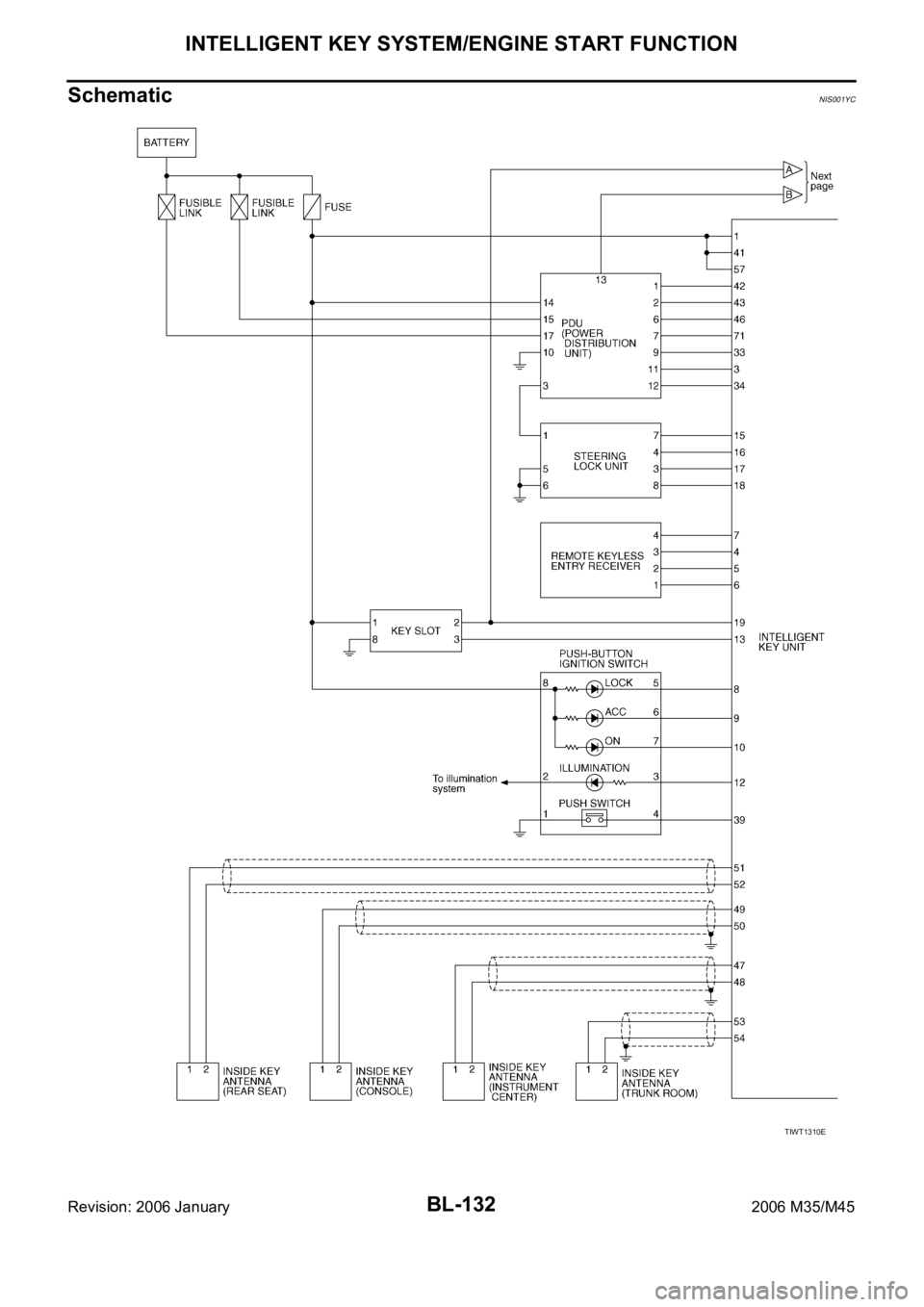 INFINITI M35 2006 Factory Service Manual BL-132
INTELLIGENT KEY SYSTEM/ENGINE START FUNCTION
Revision: 2006 January2006 M35/M45
SchematicNIS001YC
TIWT1310E INFINITI M35 2006 Factory Service Manual BL-132
INTELLIGENT KEY SYSTEM/ENGINE START FUNCTION
Revision: 2006 January2006 M35/M45
SchematicNIS001YC
TIWT1310E