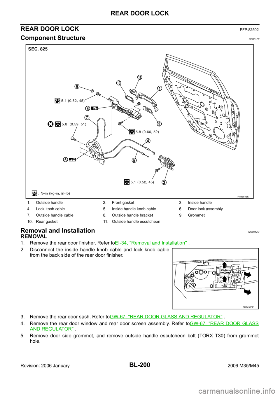 INFINITI M35 2006 Factory Owners Guide BL-200
REAR DOOR LOCK
Revision: 2006 January2006 M35/M45
REAR DOOR LOCKPFP:82502
Component StructureNIS001ZF
Removal and InstallationNIS001ZG
REMOVAL
1. Remove the rear door finisher. Refer toEI-34, & INFINITI M35 2006 Factory Owners Guide BL-200
REAR DOOR LOCK
Revision: 2006 January2006 M35/M45
REAR DOOR LOCKPFP:82502
Component StructureNIS001ZF
Removal and InstallationNIS001ZG
REMOVAL
1. Remove the rear door finisher. Refer toEI-34, &