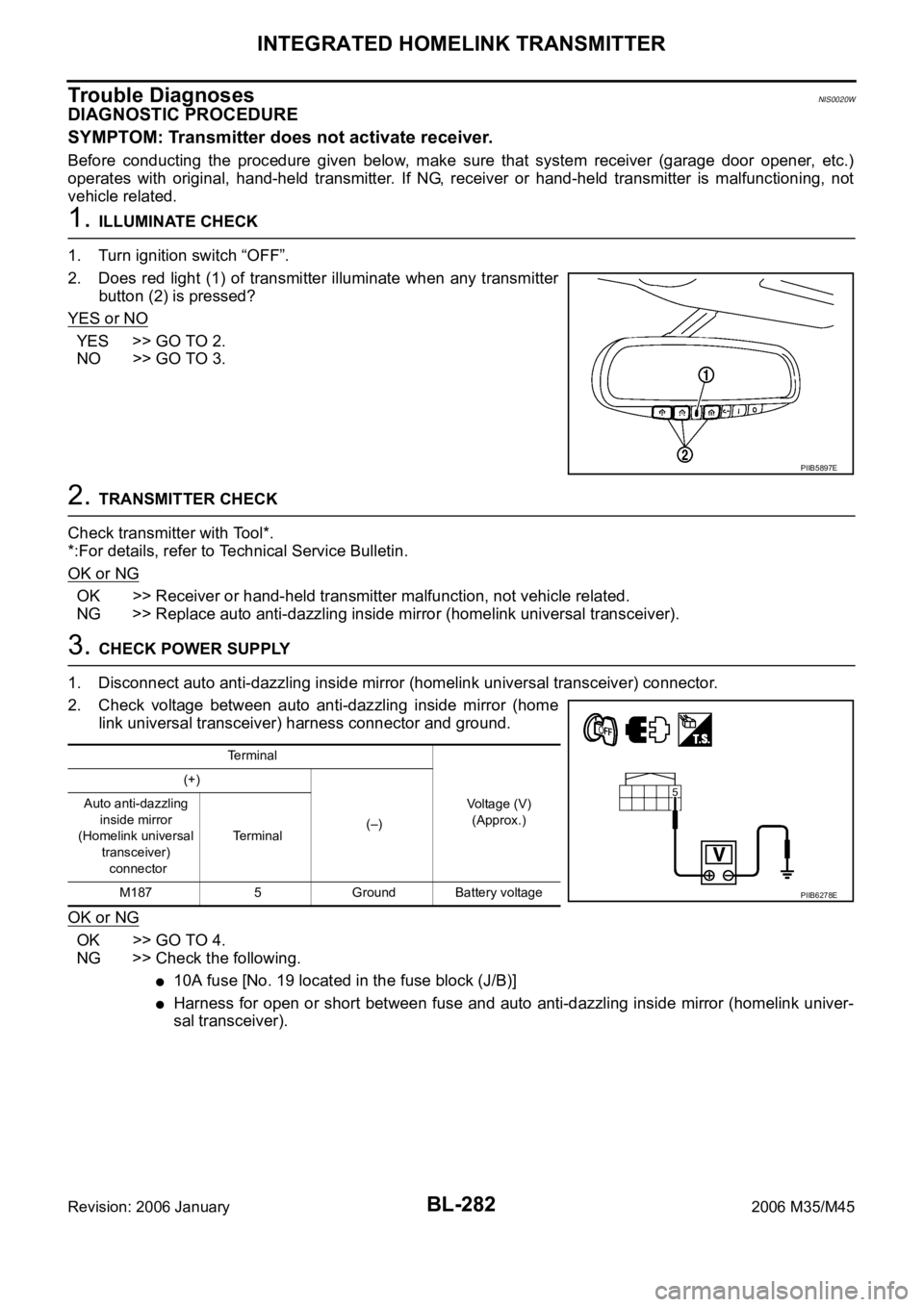 INFINITI M35 2006  Factory Service Manual BL-282
INTEGRATED HOMELINK TRANSMITTER
Revision: 2006 January2006 M35/M45
Trouble DiagnosesNIS0020W
DIAGNOSTIC PROCEDURE
SYMPTOM: Transmitter does not activate receiver.
Before  conducting  the  proce