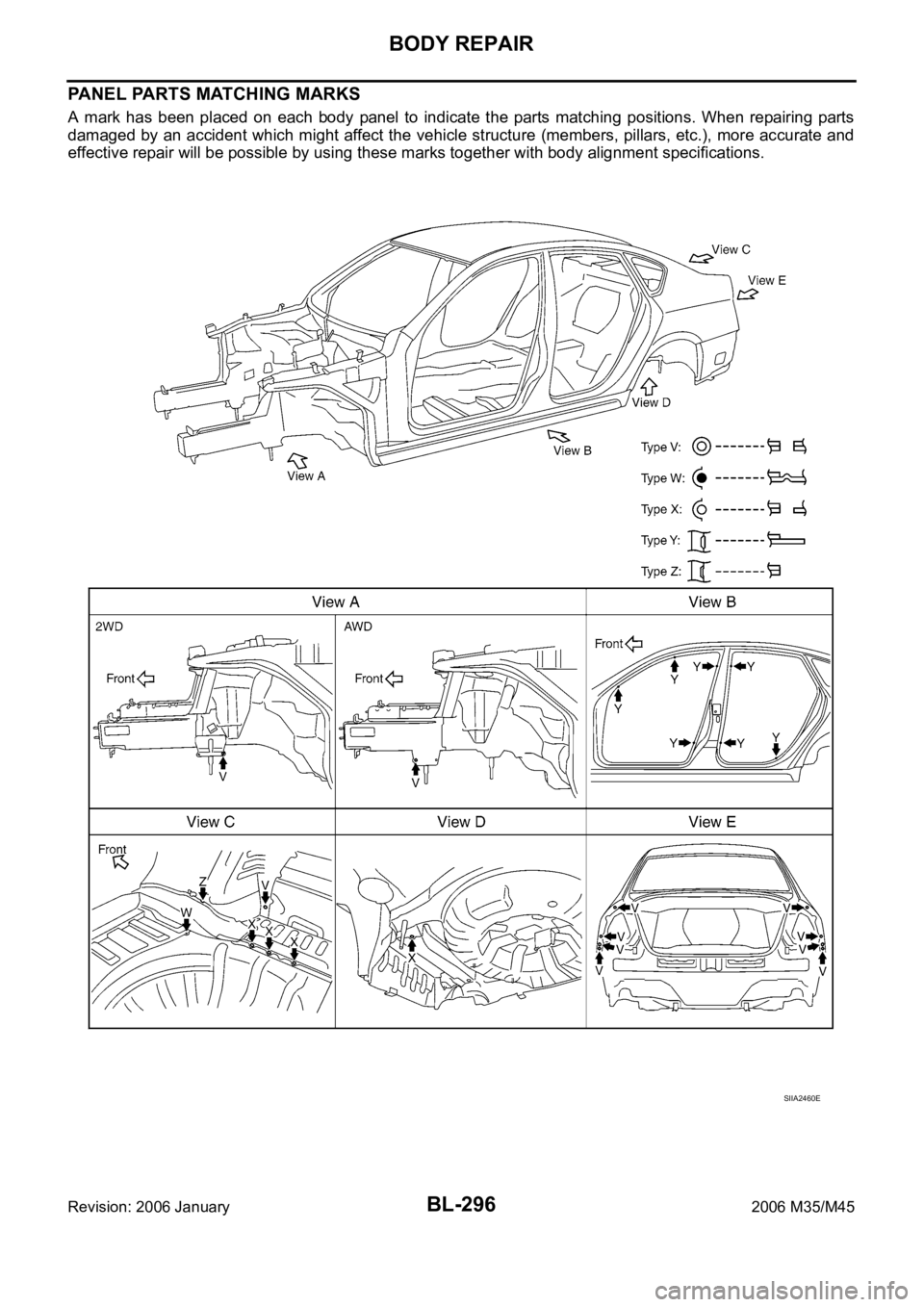 INFINITI M35 2006 Factory Repair Manual BL-296
BODY REPAIR
Revision: 2006 January2006 M35/M45
PANEL PARTS MATCHING MARKS
A mark has been placed on each body panel to indicate the parts matching positions. When repairing par INFINITI M35 2006 Factory Repair Manual BL-296
BODY REPAIR
Revision: 2006 January2006 M35/M45
PANEL PARTS MATCHING MARKS
A mark has been placed on each body panel to indicate the parts matching positions. When repairing par