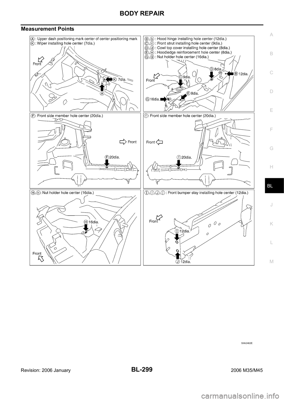 INFINITI M35 2006  Factory Repair Manual BODY REPAIR
BL-299
C
D
E
F
G
H
J
K
L
MA
B
BL
Revision: 2006 January2006 M35/M45
Measurement Points
SIIA2462E 