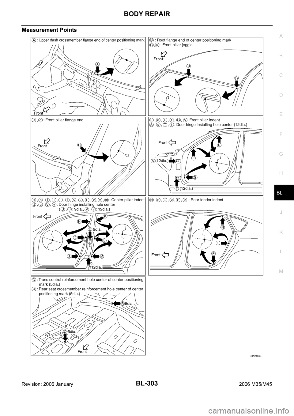 INFINITI M35 2006  Factory Repair Manual BODY REPAIR
BL-303
C
D
E
F
G
H
J
K
L
MA
B
BL
Revision: 2006 January2006 M35/M45
Measurement Points
SIIA2466E 