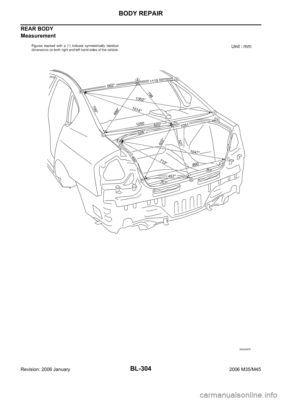 INFINITI M35 2006  Factory Repair Manual BL-304
BODY REPAIR
Revision: 2006 January2006 M35/M45
REAR BODY
Measurement
SIIA2467E 