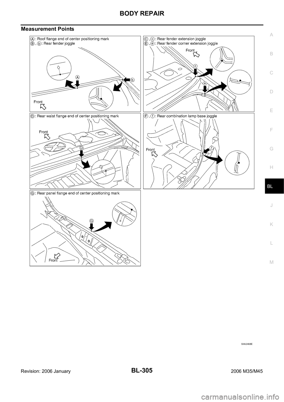 INFINITI M35 2006 Factory Manual PDF BODY REPAIR
BL-305
C
D
E
F
G
H
J
K
L
MA
B
BL
Revision: 2006 January2006 M35/M45
Measurement Points
SIIA2468E INFINITI M35 2006 Factory Manual PDF BODY REPAIR
BL-305
C
D
E
F
G
H
J
K
L
MA
B
BL
Revision: 2006 January2006 M35/M45
Measurement Points
SIIA2468E