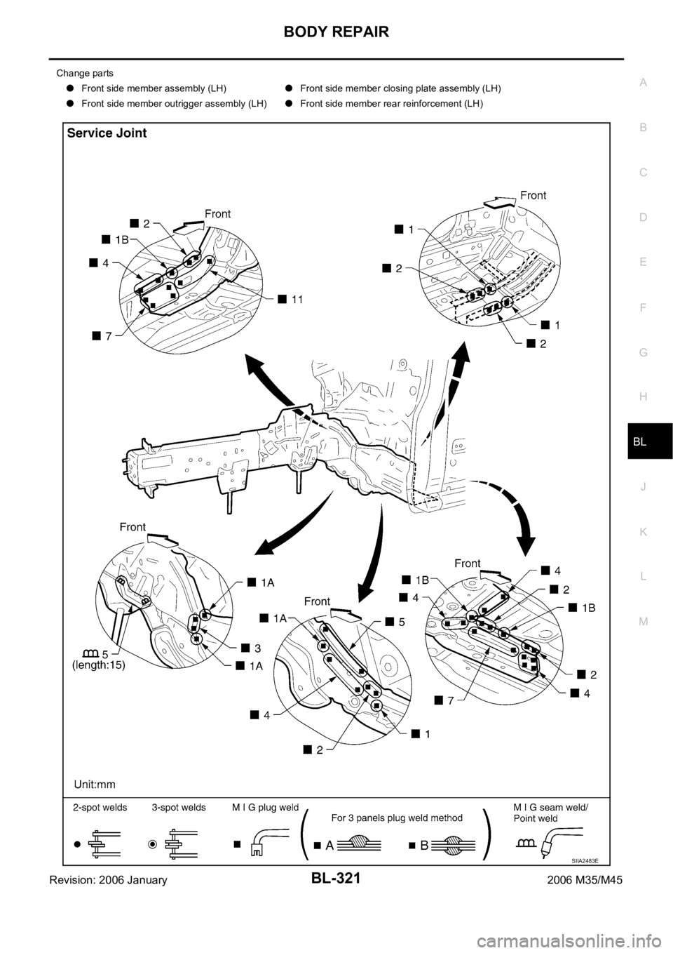 INFINITI M35 2006 Factory Manual Online BODY REPAIR
BL-321
C
D
E
F
G
H
J
K
L
MA
B
BL
Revision: 2006 January2006 M35/M45
Change parts
Front side member assembly (LH)Front side member closing plate assembly (LH)
Front side member outrigger as INFINITI M35 2006 Factory Manual Online BODY REPAIR
BL-321
C
D
E
F
G
H
J
K
L
MA
B
BL
Revision: 2006 January2006 M35/M45
Change parts
Front side member assembly (LH)Front side member closing plate assembly (LH)
Front side member outrigger as
