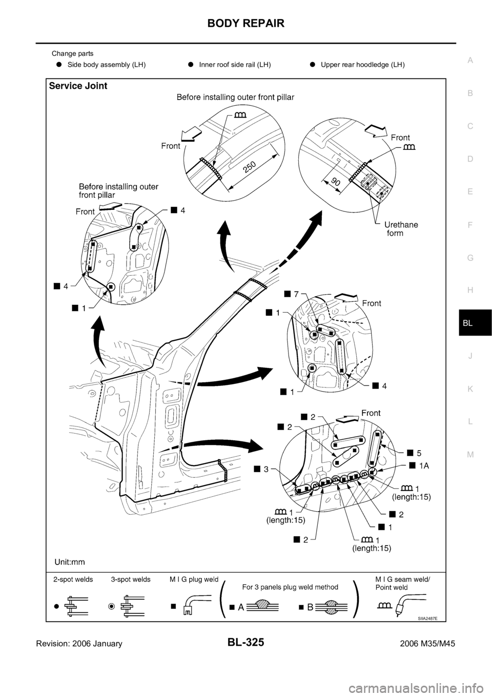INFINITI M35 2006  Factory Owners Manual BODY REPAIR
BL-325
C
D
E
F
G
H
J
K
L
MA
B
BL
Revision: 2006 January2006 M35/M45
Change parts
Side body assembly (LH)Inner roof side rail (LH)Upper rear hoodledge (LH)
SIIA2487E 