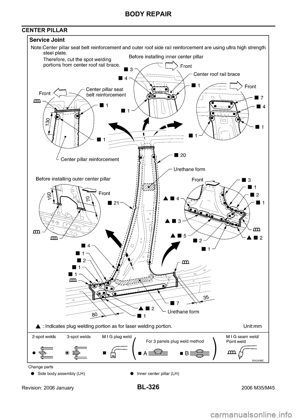 INFINITI M35 2006  Factory Owners Manual BL-326
BODY REPAIR
Revision: 2006 January2006 M35/M45
CENTER PILLAR
Change parts
Side body assembly (LH)Inner center pillar (LH)
SIIA2488E 