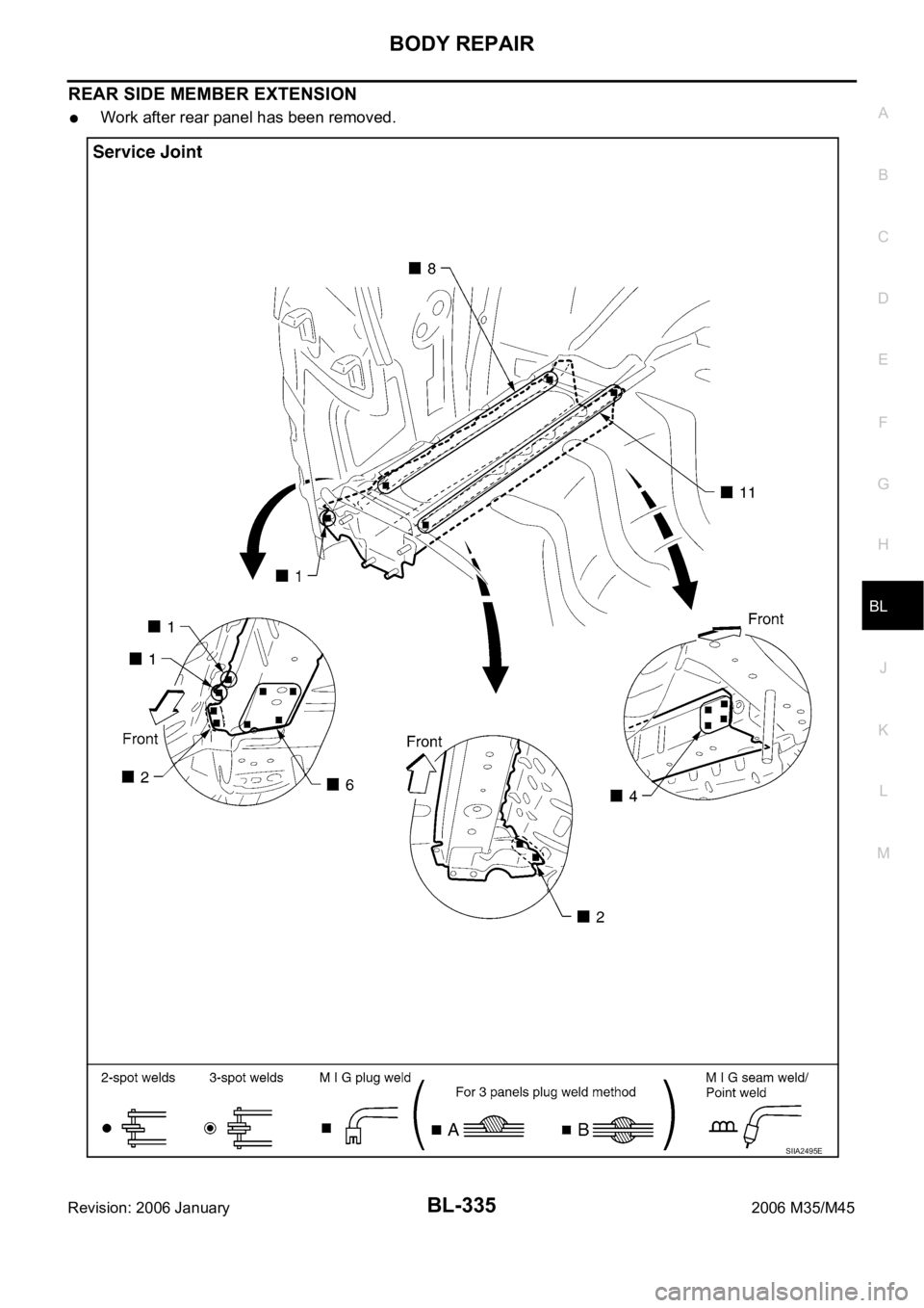 INFINITI M35 2006 Factory Repair Manual BODY REPAIR
BL-335
C
D
E
F
G
H
J
K
L
MA
B
BL
Revision: 2006 January2006 M35/M45
REAR SIDE MEMBER EXTENSION
Work after rear panel has been removed.
SIIA2495E INFINITI M35 2006 Factory Repair Manual BODY REPAIR
BL-335
C
D
E
F
G
H
J
K
L
MA
B
BL
Revision: 2006 January2006 M35/M45
REAR SIDE MEMBER EXTENSION
Work after rear panel has been removed.
SIIA2495E