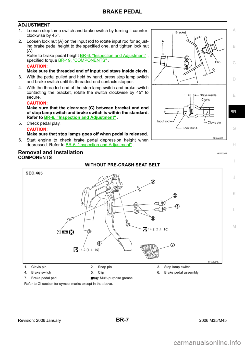 INFINITI M35 2006  Factory Service Manual BRAKE PEDAL
BR-7
C
D
E
G
H
I
J
K
L
MA
B
BR
Revision: 2006 January2006 M35/M45
ADJUSTMENT
1. Loosen stop lamp switch and brake switch by turning it counter-
clockwise by 45
.
2. Loosen lock nut (A) on 