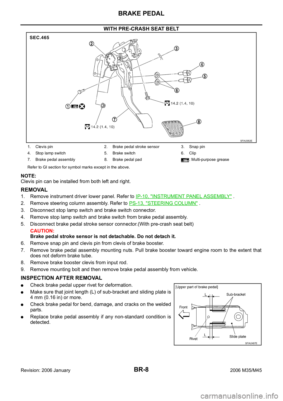 INFINITI M35 2006 Factory User Guide BR-8
BRAKE PEDAL
Revision: 2006 January2006 M35/M45
WITH PRE-CRASH SEAT BELT
NOTE:
Clevis pin can be installed from both left and right.
REMOVAL
1. Remove instrument driver lower panel. Refer to IP-10 INFINITI M35 2006 Factory User Guide BR-8
BRAKE PEDAL
Revision: 2006 January2006 M35/M45
WITH PRE-CRASH SEAT BELT
NOTE:
Clevis pin can be installed from both left and right.
REMOVAL
1. Remove instrument driver lower panel. Refer to IP-10