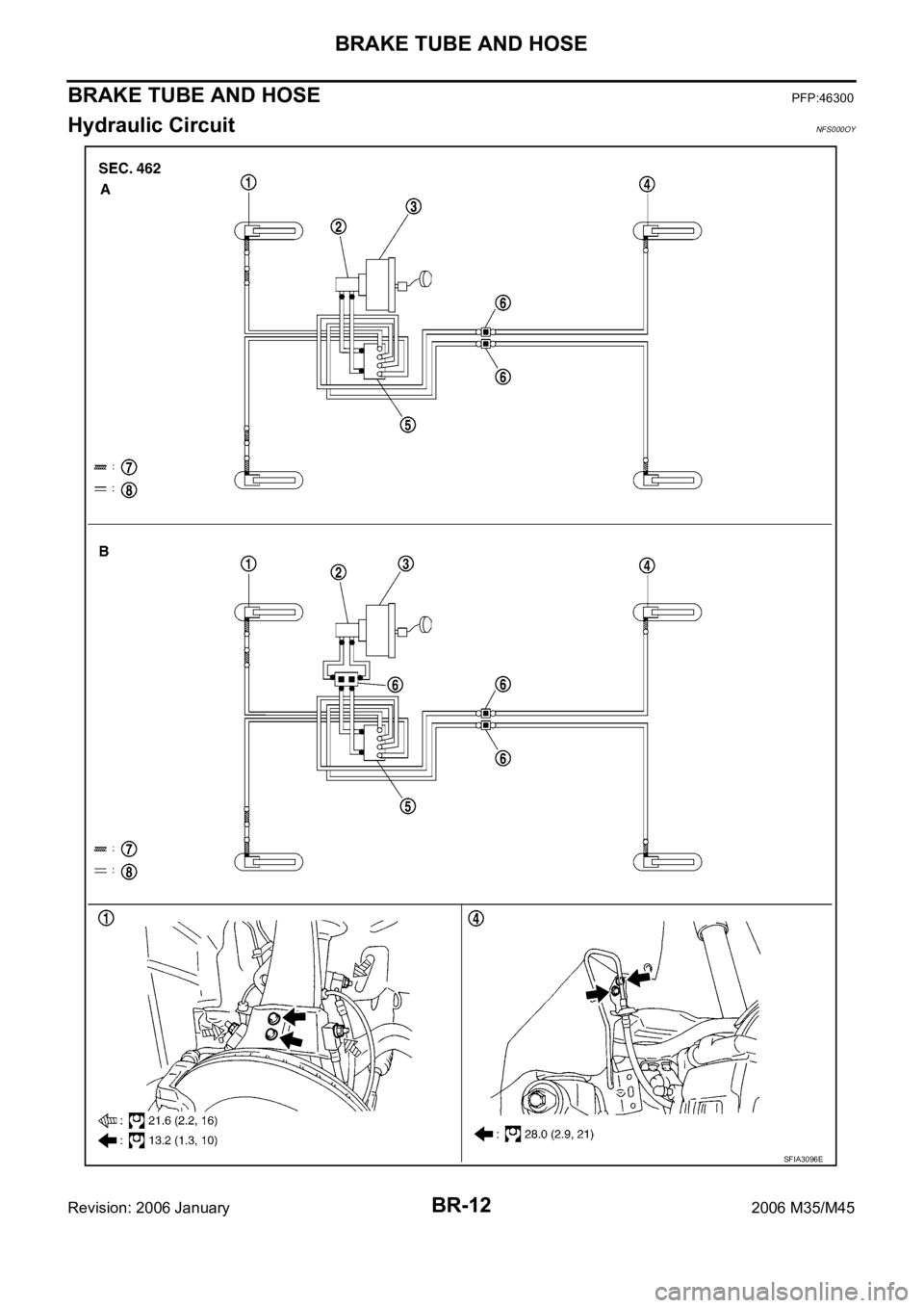 INFINITI M35 2006 Factory Service Manual BR-12
BRAKE TUBE AND HOSE
Revision: 2006 January2006 M35/M45
BRAKE TUBE AND HOSEPFP:46300
Hydraulic CircuitNFS000OY
SFIA3096E INFINITI M35 2006 Factory Service Manual BR-12
BRAKE TUBE AND HOSE
Revision: 2006 January2006 M35/M45
BRAKE TUBE AND HOSEPFP:46300
Hydraulic CircuitNFS000OY
SFIA3096E