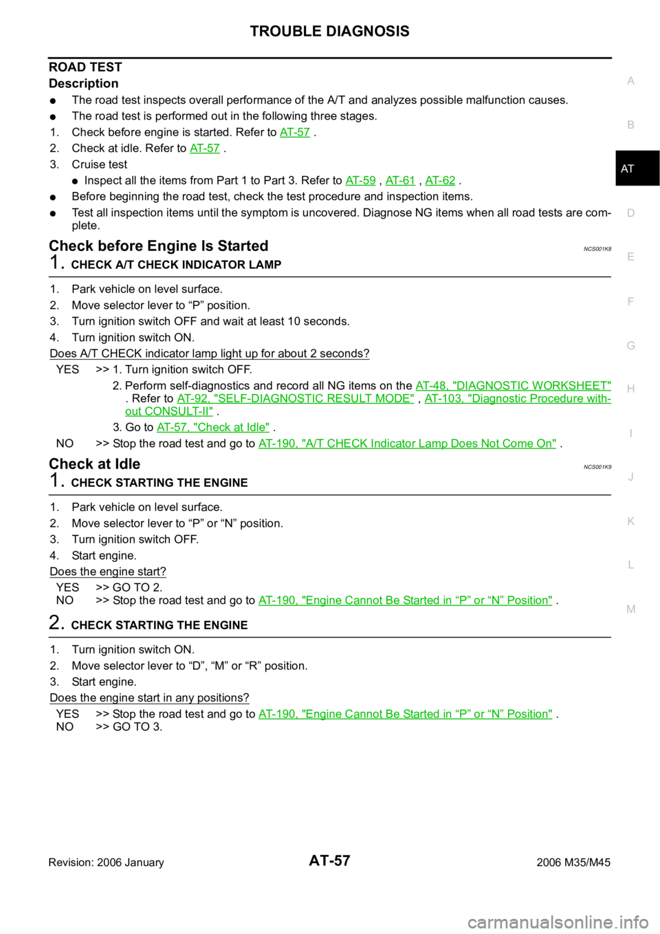 INFINITI M35 2006  Factory Service Manual TROUBLE DIAGNOSIS
AT-57
D
E
F
G
H
I
J
K
L
MA
B
AT
Revision: 2006 January2006 M35/M45
ROAD TEST 
Description
The road test inspects overall performance of the A/T and analyzes possible malfunction caus