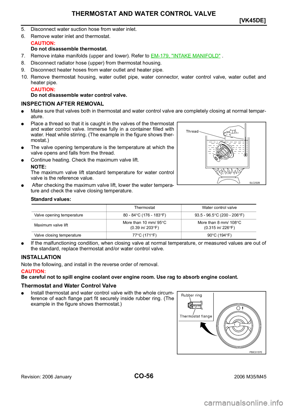 INFINITI M35 2006  Factory Service Manual CO-56
[VK45DE]
THERMOSTAT AND WATER CONTROL VALVE
Revision: 2006 January2006 M35/M45
5. Disconnect water suction hose from water inlet.
6. Remove water inlet and thermostat.
CAUTION:
Do not disassembl