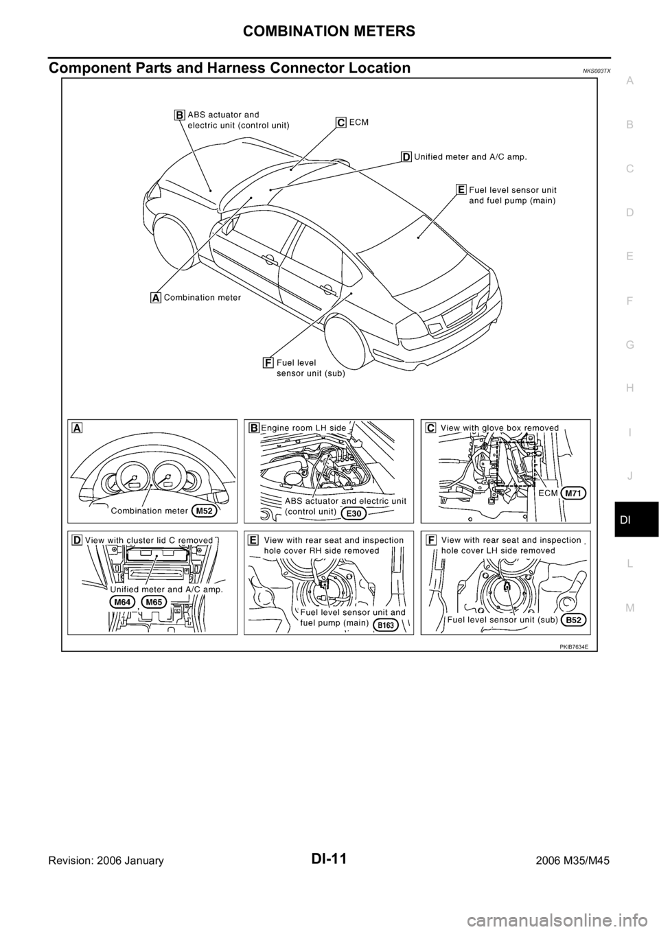 INFINITI M35 2006  Factory Workshop Manual COMBINATION METERS
DI-11
C
D
E
F
G
H
I
J
L
MA
B
DI
Revision: 2006 January2006 M35/M45
Component Parts and Harness Connector LocationNKS003TX
PKIB7634E 
