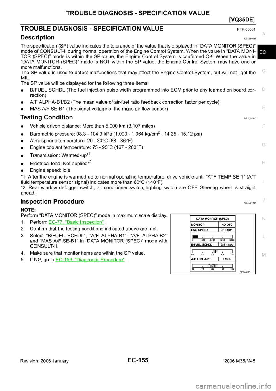 INFINITI M35 2006  Factory Service Manual TROUBLE DIAGNOSIS - SPECIFICATION VALUE
EC-155
[VQ35DE]
C
D
E
F
G
H
I
J
K
L
MA
EC
Revision: 2006 January2006 M35/M45
TROUBLE DIAGNOSIS - SPECIFICATION VALUEPFP:00031
DescriptionNBS004TB
The specificat
