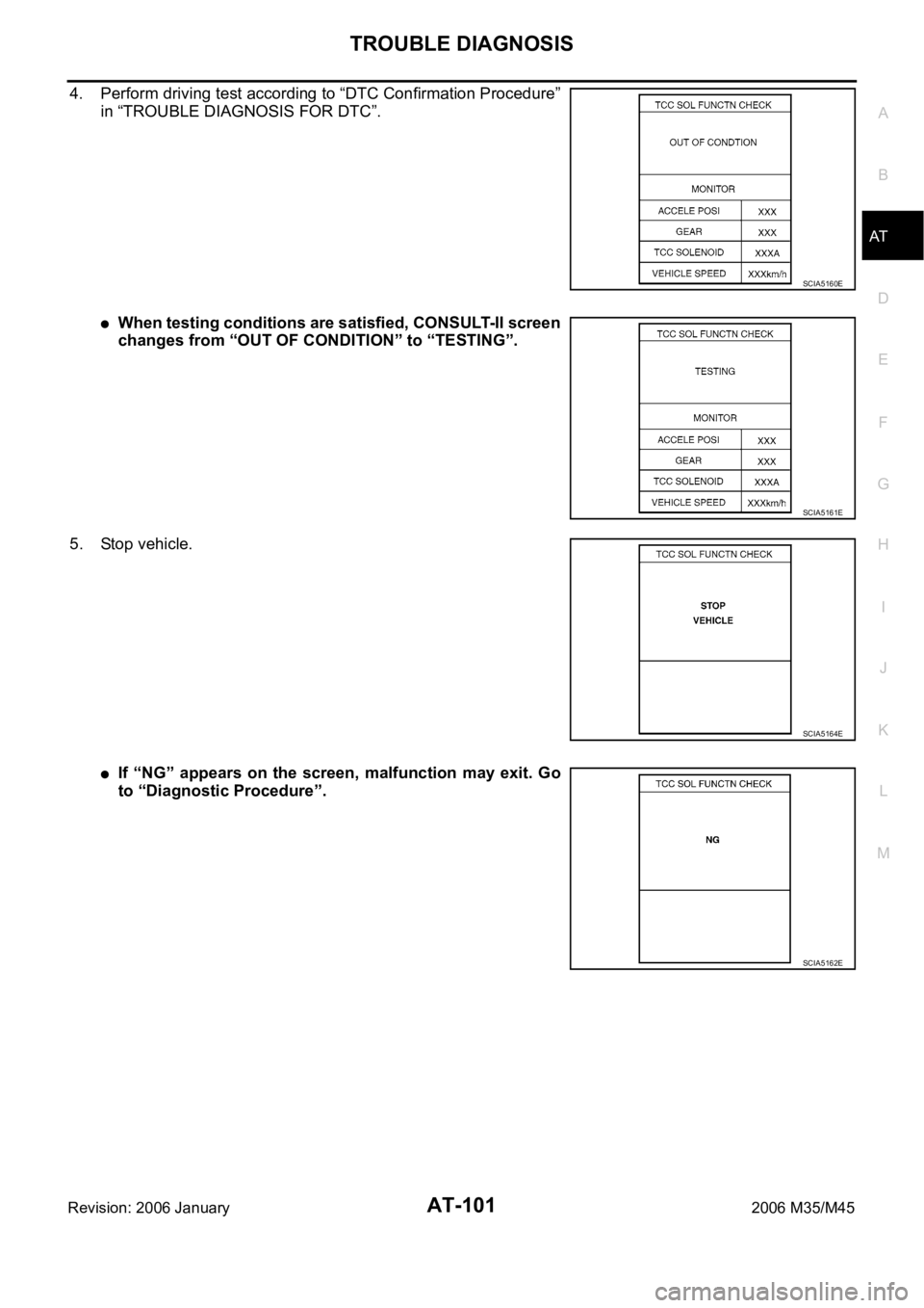 INFINITI M35 2006 Factory Service Manual TROUBLE DIAGNOSIS
AT-101
D
E
F
G
H
I
J
K
L
MA
B
AT
Revision: 2006 January2006 M35/M45
4. Perform driving test according to “DTC Confirmation Procedure”
in “TROUBLE DIAGNOSIS FOR DTC”.
When tes INFINITI M35 2006 Factory Service Manual TROUBLE DIAGNOSIS
AT-101
D
E
F
G
H
I
J
K
L
MA
B
AT
Revision: 2006 January2006 M35/M45
4. Perform driving test according to “DTC Confirmation Procedure”
in “TROUBLE DIAGNOSIS FOR DTC”.
When tes