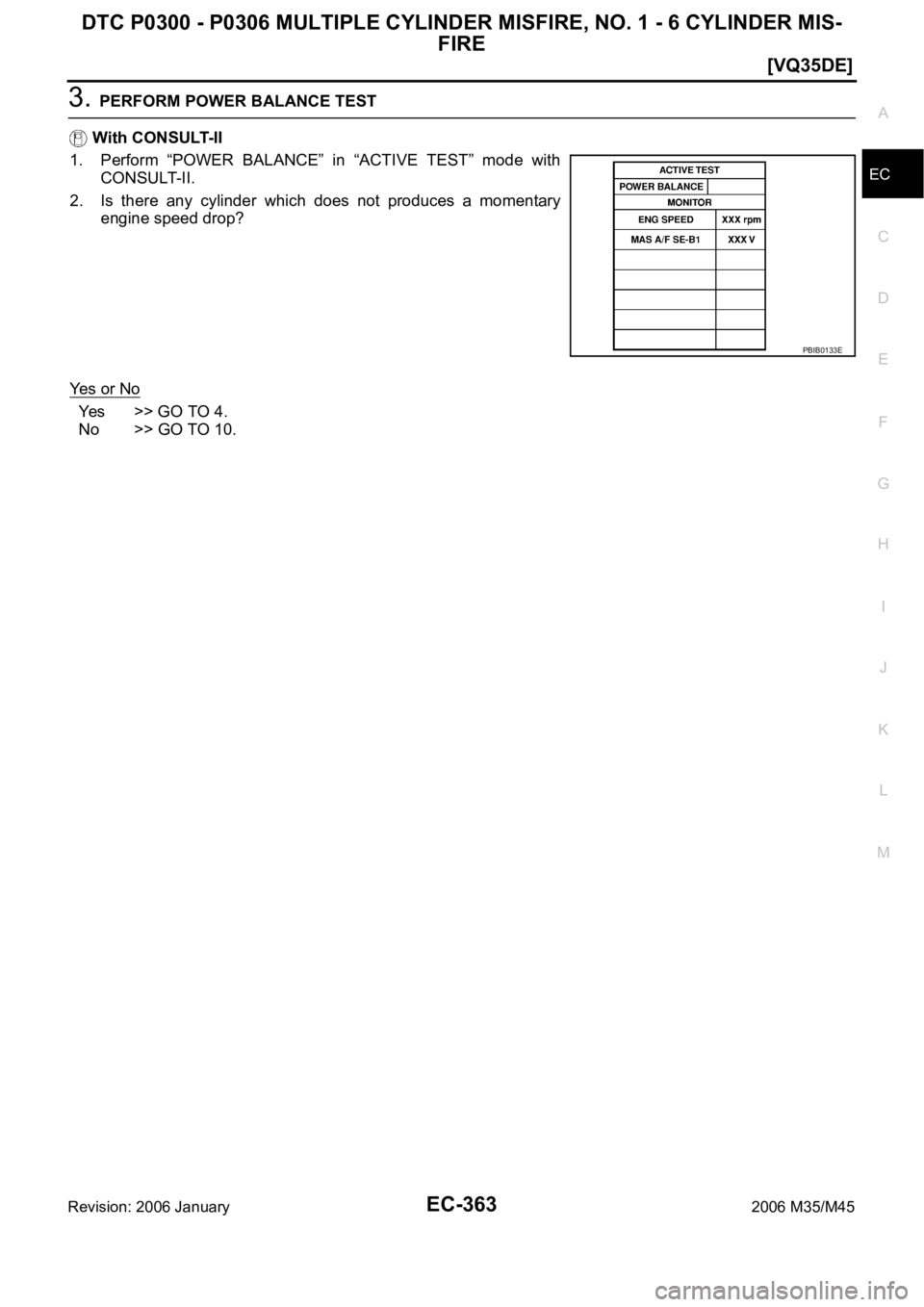 INFINITI M35 2006  Factory Service Manual DTC P0300 - P0306 MULTIPLE CYLINDER MISFIRE, NO. 1 - 6 CYLINDER MIS-
FIRE
EC-363
[VQ35DE]
C
D
E
F
G
H
I
J
K
L
MA
EC
Revision: 2006 January2006 M35/M45
3. PERFORM POWER BALANCE TEST
 With CONSULT-II
1.