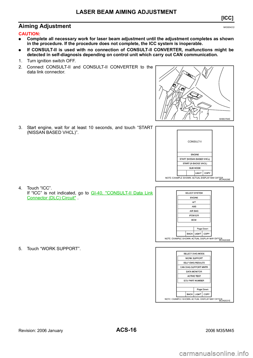 INFINITI M35 2006  Factory Owners Manual ACS-16
[ICC]
LASER BEAM AIMING ADJUSTMENT
Revision: 2006 January2006 M35/M45
Aiming AdjustmentNKS004CQ
CAUTION:
Complete all necessary work for laser beam adjustment until the adjustment completes as 