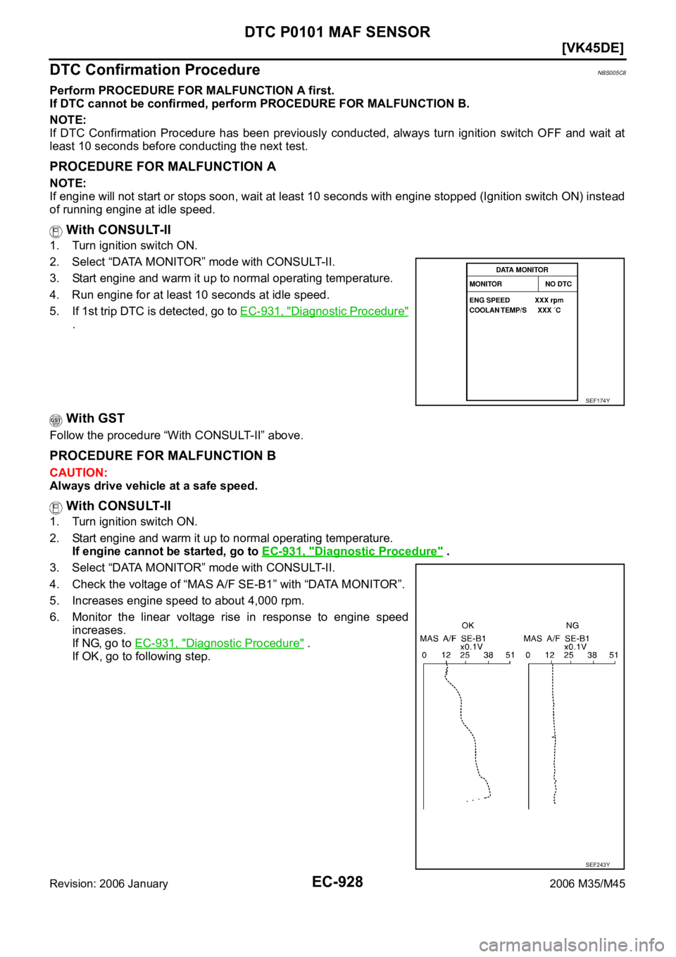 INFINITI M35 2006  Factory Service Manual EC-928
[VK45DE]
DTC P0101 MAF SENSOR
Revision: 2006 January2006 M35/M45
DTC Confirmation ProcedureNBS005C8
Perform PROCEDURE FOR MALFUNCTION A first.
If DTC cannot be confirmed, perform PROCEDURE FOR 