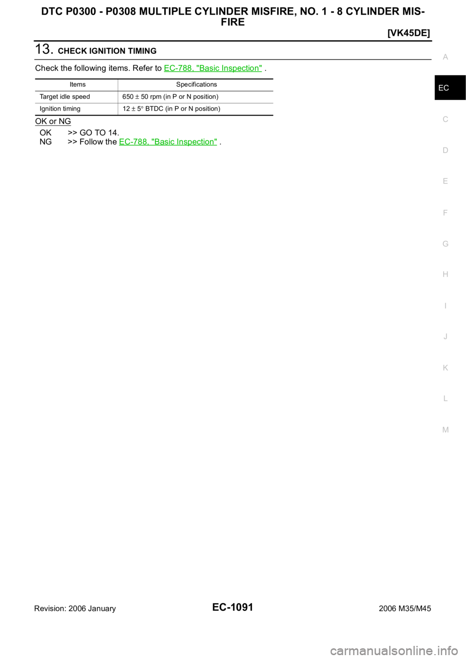 INFINITI M35 2006  Factory Service Manual DTC P0300 - P0308 MULTIPLE CYLINDER MISFIRE, NO. 1 - 8 CYLINDER MIS-
FIRE
EC-1091
[VK45DE]
C
D
E
F
G
H
I
J
K
L
MA
EC
Revision: 2006 January2006 M35/M45
13. CHECK IGNITION TIMING
Check the following it