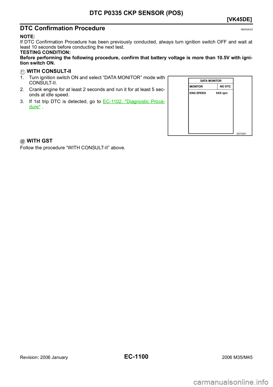 INFINITI M35 2006  Factory Service Manual EC-1100
[VK45DE]
DTC P0335 CKP SENSOR (POS)
Revision: 2006 January2006 M35/M45
DTC Confirmation ProcedureNBS005GG
NOTE:
If  DTC  Confirmation  Procedure  has  been  previously  conducted,  always  tur