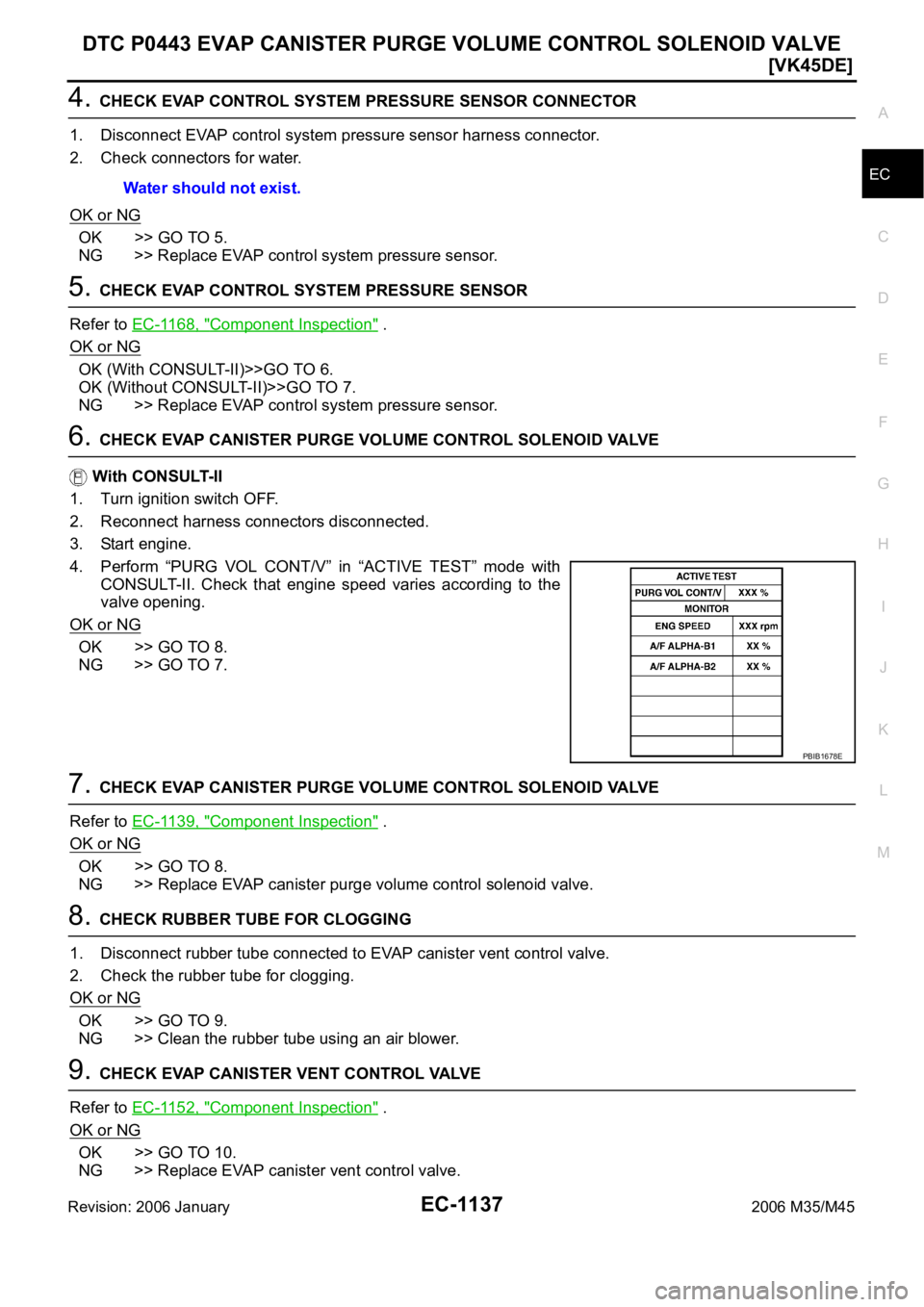 INFINITI M35 2006  Factory Service Manual DTC P0443 EVAP CANISTER PURGE VOLUME CONTROL SOLENOID VALVE
EC-1137
[VK45DE]
C
D
E
F
G
H
I
J
K
L
MA
EC
Revision: 2006 January2006 M35/M45
4. CHECK EVAP CONTROL SYSTEM PRESSURE SENSOR CONNECTOR
1. Disc