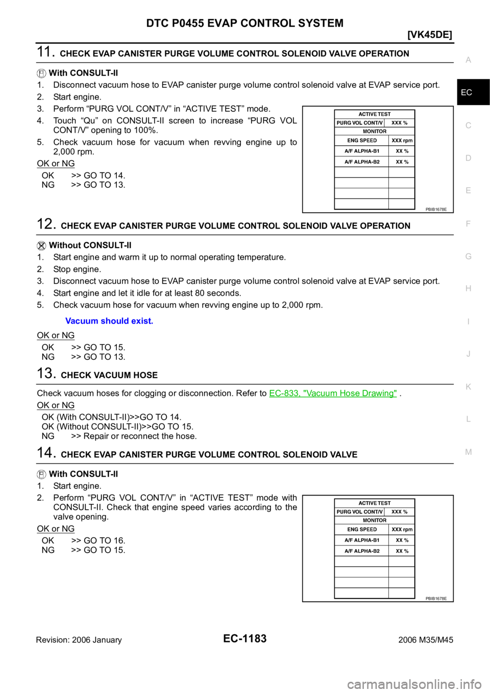 INFINITI M35 2006  Factory Service Manual DTC P0455 EVAP CONTROL SYSTEM
EC-1183
[VK45DE]
C
D
E
F
G
H
I
J
K
L
MA
EC
Revision: 2006 January2006 M35/M45
11 .  CHECK EVAP CANISTER PURGE VOLUME CONTROL SOLENOID VALVE OPERATION
 With CONSULT-II
1. 