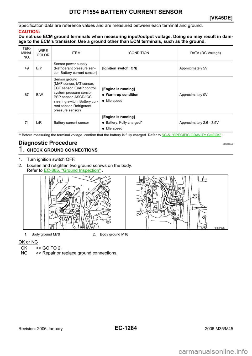 INFINITI M35 2006  Factory Service Manual EC-1284
[VK45DE]
DTC P1554 BATTERY CURRENT SENSOR
Revision: 2006 January2006 M35/M45
Specification data are reference values and are measured between each terminal and ground.
CAUTION:
Do not use ECM 