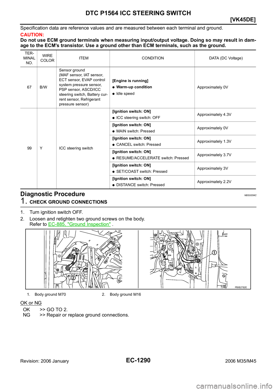INFINITI M35 2006  Factory Service Manual EC-1290
[VK45DE]
DTC P1564 ICC STEERING SWITCH
Revision: 2006 January2006 M35/M45
Specification data are reference values and are measured between each terminal and ground.
CAUTION:
Do not use ECM gro