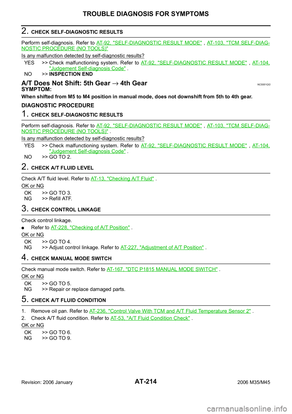 INFINITI M35 2006 Factory User Guide AT-214
TROUBLE DIAGNOSIS FOR SYMPTOMS
Revision: 2006 January2006 M35/M45
2. CHECK SELF-DIAGNOSTIC RESULTS
Perform self-diagnosis. Refer to AT- 9 2 , "
SELF-DIAGNOSTIC RESULT MODE" , AT- INFINITI M35 2006 Factory User Guide AT-214
TROUBLE DIAGNOSIS FOR SYMPTOMS
Revision: 2006 January2006 M35/M45
2. CHECK SELF-DIAGNOSTIC RESULTS
Perform self-diagnosis. Refer to AT- 9 2 , "
SELF-DIAGNOSTIC RESULT MODE" , AT-